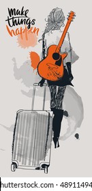 fashion beautiful girls with suitcases and guitar. Vector illustration