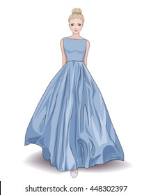 Fashion beautiful illustration of blond woman with evening hairstyle in stylish green long princess's gown,vector