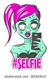 Fashion Beautiful Living Dead Zombie girl making a selfie on a smart phone 