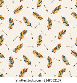 Fashion beautiful vector pattern with boho feathers. Light background. Vector illustration. Great for textile, print, paper, t-shirt design.