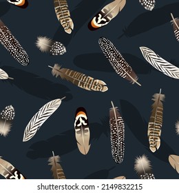 Fashion beautiful vector pattern with boho feathers. Dark background. Vector illustration. Great for textile, print, paper, t-shirt design.