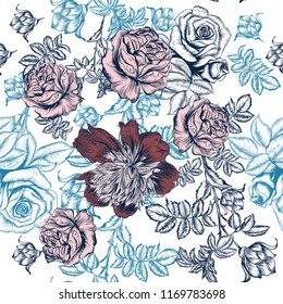 Fashion beautiful vector pattern with hand drawn rose and peony flowers