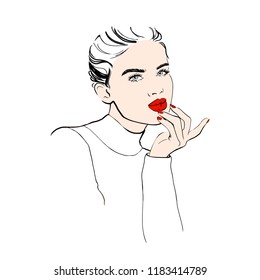 Fashion beautiful woman in black sweater and earrings. Sketch. Girl in fashion clothes with red lips sketch. Hand drawn fashion girl. model posing. Sketch. Vector illustration. Fashion, style, beauty