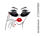 Fashion beautiful woman face in retro black sunglasses, hand with manicure nails, red lips. Beauty logo. Vector illustration.