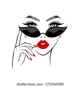 Fashion beautiful woman face in retro black sunglasses, hand with manicure nails, red lips. Beauty logo. Vector illustration.
