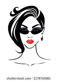 Fashion beautiful woman face in retro black sunglasses,  red lips. Beauty logo. Vector illustration.