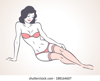 Fashion beautiful woman in lingerie. Vector illustration. Sketch. Logo idea for cosmetics, spa, beauty, health.