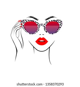 Fashion beautiful woman in stylish glasses with leopard print spectacle frame, hand with red manicure nails. Beauty logo. Vector illustration.