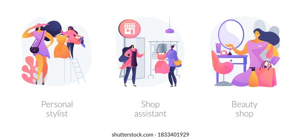 Fashion and beauty abstract concept vector illustration set. Personal stylist, shop assistant, beauty shop, beauty blogger, shopping mall retail store, dressing room, shopaholic abstract metaphor.