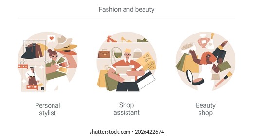 Fashion and beauty abstract concept vector illustration set. Personal stylist, shop assistant, beauty shop, beauty blogger, shopping mall retail store, dressing room, shopaholic abstract metaphor.