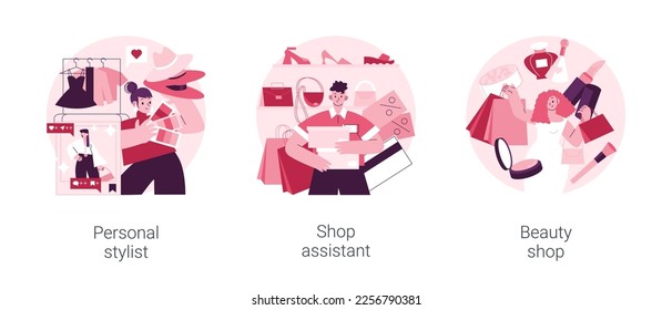 Fashion and beauty abstract concept vector illustration set. Personal stylist, shop assistant, beauty shop, beauty blogger, shopping mall retail store, dressing room, shopaholic abstract metaphor.