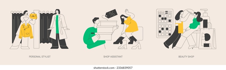 Fashion and beauty abstract concept vector illustration set. Personal stylist, shop assistant, beauty shop, beauty blogger, shopping mall retail store, dressing room, shopaholic abstract metaphor.