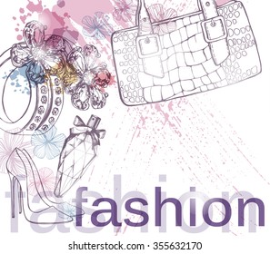 Fashion and beauty background  with luxury   beautiful diamond ring, handbag and perfume. Use for advertising flyer, banner, leaflet. Template Vector.