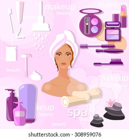 Fashion and beauty beautiful woman face hygiene professional cosmetics spa make-up, lifting skin cream facial mask vector concept 