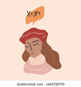 Fashion beauty blogger girl. Frenchwoman Parisian lady lifestyle concept. Modern influencer, trendy woman. Minimalist flat isolated illustration for blog design, posts, banners and more. Vector