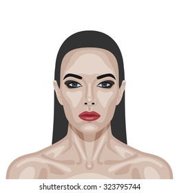 Fashion beauty brunette Woman with perfect healthy Skin, red Lips and Long Hair. Vector Illustration