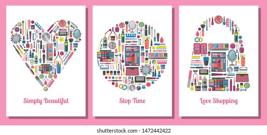 Fashion and beauty cards with makeup and manicure icons stylized in shapes of bag, heart and circle. Woman shopping t-shirt print patterns with cosmetic stuff and accessories.