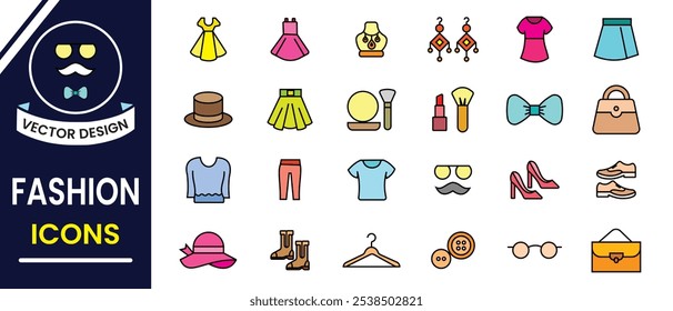 Conjunto de iconos de moda, belleza, ropa y zapatos. Icono de la moda, sistema del Vector. Conjunto de iconos de belleza colección. Moda, icono de los cosméticos con diverso color. Ilustración vectorial.