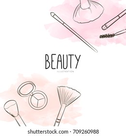 Fashion beauty cosmetics background with make up artist objects: make-up brushes, eyebrow brush, eyeshadow, blush and watercolor spots. Vector hand drawn illustration with place for text.