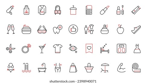 Fashion and beauty, cosmetics red black thin line icons set vector illustration. Nail polish, spa salon, barbershop for health, hair and skin care, trying on clothes and teeth whitening, healthy food.