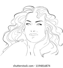 Fashion and beauty face. Hand draw fashion illustration of long volume for wedding or party. Long hair hairstyle. Hand drawn vector idea for business cards, templates, web, salon banners, brochures