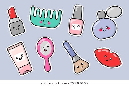 Fashion, beauty, make up, cosmetics, fashion things patches, badges, stickers. Set of cute cartoon icons in kawaii style. Vector lips, lipstick, nail polish, perfume, brush, mirror, hairbrush, lotion.