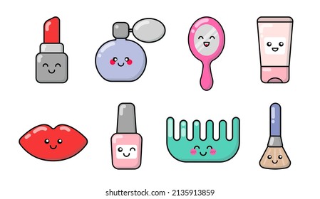 Fashion, beauty, make up, cosmetics, fashion things patches, badges, stickers. Set of cute cartoon icons in kawaii style. Vector lips, lipstick, nail polish, perfume, brush, mirror, hairbrush, lotion.