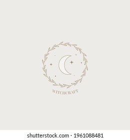 Fashion beauty moon logo template. Minamalism style moon logotype. Elegant moon logo with stars, leaves and plants. Elegant. Luxury.