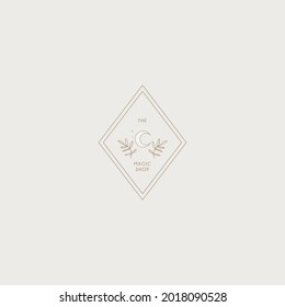 Fashion beauty moon logo template. Minamalism style moon logotype. Elegant moon logo with stars, leaves and plants. Elegant. Luxury.