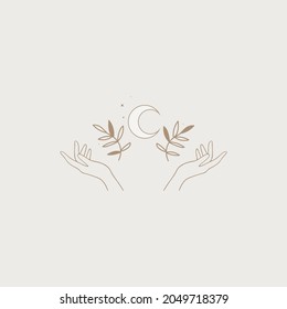 Fashion beauty moon logo template. Minamalism style moon logotype. Elegant hand hold moon logo with stars, leaves and plants. Elegant. Luxury.