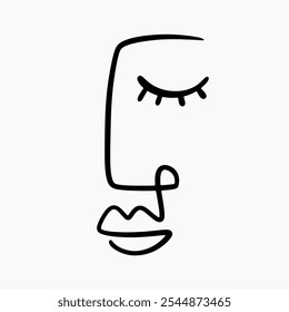 Fashion beauty one line drawing woman face logo. Abstract female portrait. Vector single lines modern poster, logotype, minimalistic style, linear art, t shirt print Isolated on White