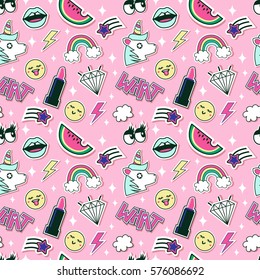 Fashion And Beauty Pattern With Cute Patches, Stickers. Vector Trendy Illustration.