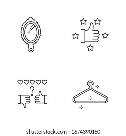Fashion and beauty pixel perfect linear icons set. Recommendation with five stars. Wardrobe for clothes. Customizable thin line contour symbols. Isolated vector outline illustrations. Editable strokes