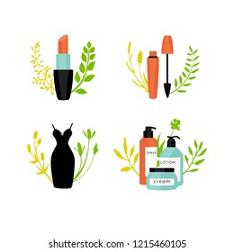 A Fashion And Beauty Set;  Little Black Dress, Lipstick; Mascara; Cosmetics; A Collection Of Logo; Vector Illustration