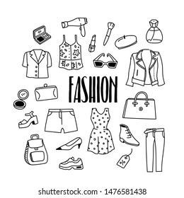 Fashion, beauty and style related hand drawn doodle illustration with biker jacket, dress, shoes, bag, cosmetics, trousers, boots, shirt, hairdryer. 