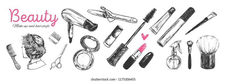 Fashion and beauty vector elements. Make up artist and hairdressing objects: lipstick, cream, brush