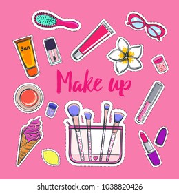 Fashion and beauty vector stickers. Make up artist and hairdressing objects: lipstick, cream, brush