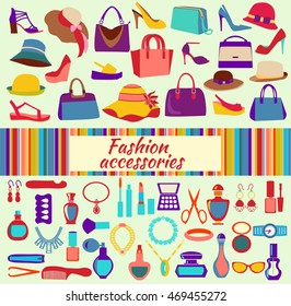 Fashion and beauty women accessories, icons - Illustration. Fashion shopping background with women shoes bags and accessories vector illustration 