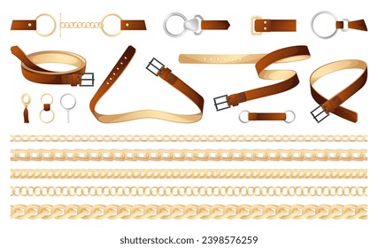 Fashion belts and chains. Abstract decorative fashion accessories, trendy fashion chain and buckle accessories for male and female. Vector set of fashion chain seamless illustration