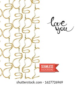 Fashion belts greeting card. Inscription: love you, on right side. Decorative chain, belt, rope tracery repeatable pattern on left side of card vector template. Motivational design.