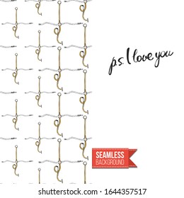 Fashion belts greeting card. Inscription: ps i love you, on right side. Decorative chain, belt, rope tracery seamless pattern on left side of card vector template. Motivational design.