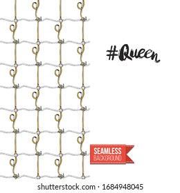 Fashion belts greeting card. Inscription: queen hashtag, on right side. Decorative chain, belt, rope tracery seamless pattern on left side of card vector template. Motivational design.