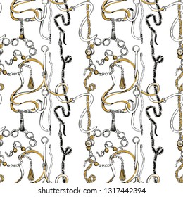 Fashion belts seamless pattern. Fabric ornament for scarf design. Hand drawn sketch illustrations on white background.