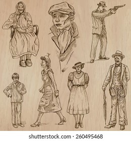 FASHION between years 1870-1970. Collection of an hand drawn illustrations (vectors, pack no.2). Each drawing comprises of three or four layers of lines, colored background is isolated. Easy editable.