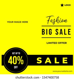 Fashion big sale post with yellow background social media template to promote your brand and advertise on different social media channels. Show sale, offers and discount with these creative designs