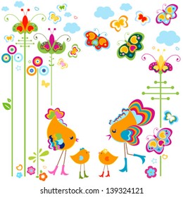 fashion birds card with colorful flowers and butterflies