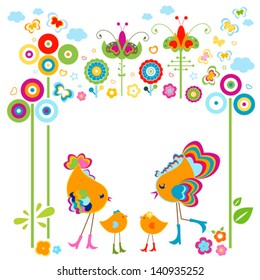fashion birds card with colorful flowers and butterflies