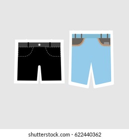 Fashion black and blue shorts icon with white outline isolated on grey background