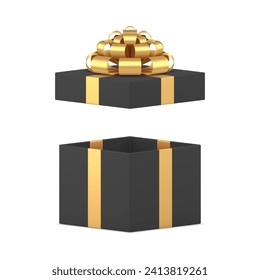Fashion black gift box with premium golden bow ribbon and open cap 3d icon realistic vector illustration. Luxury elegant wrapped present package for expensive festive surprise holiday celebration