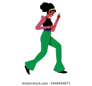 Fashion black girl in retro-styled clothes, 80s outfit. African-American woman wearing 1980s apparel, accessories for eighties disco party. Flat vector illustration isolated on white background